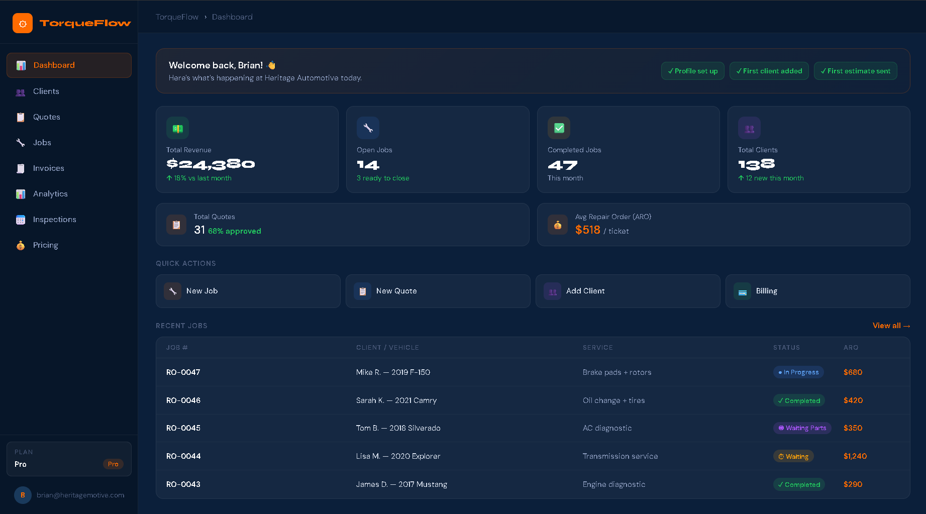 TorqueFlow Dashboard — real shop management interface